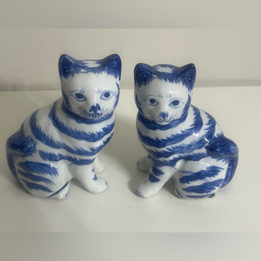 Pair of Vintage Blue and White Porcelain Cat Figurines